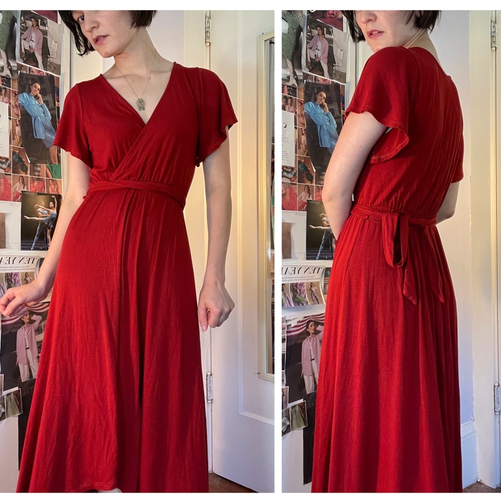 West Kei Long Faux Wrap Knit Dress in Deep Rust Orange XS-S